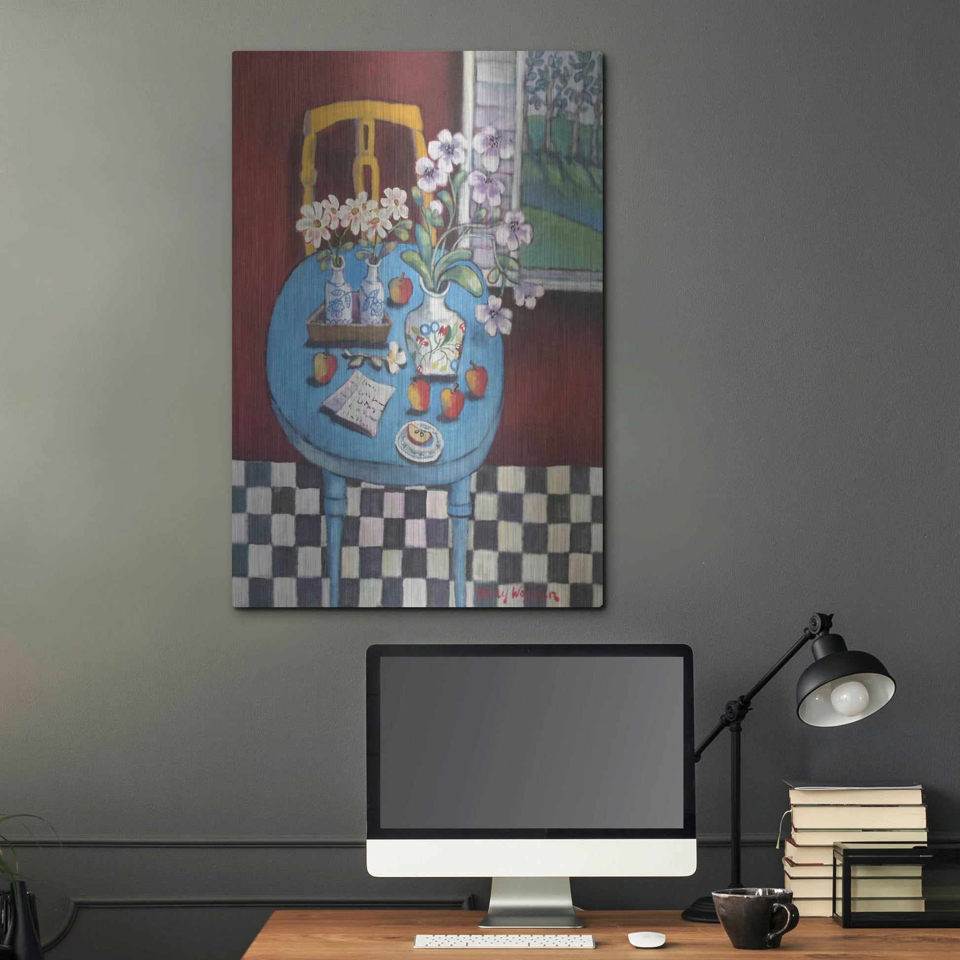 Luxe Metal Art 'La table en bleu' by Holly Wojhan, Metal Wall Art,24x36