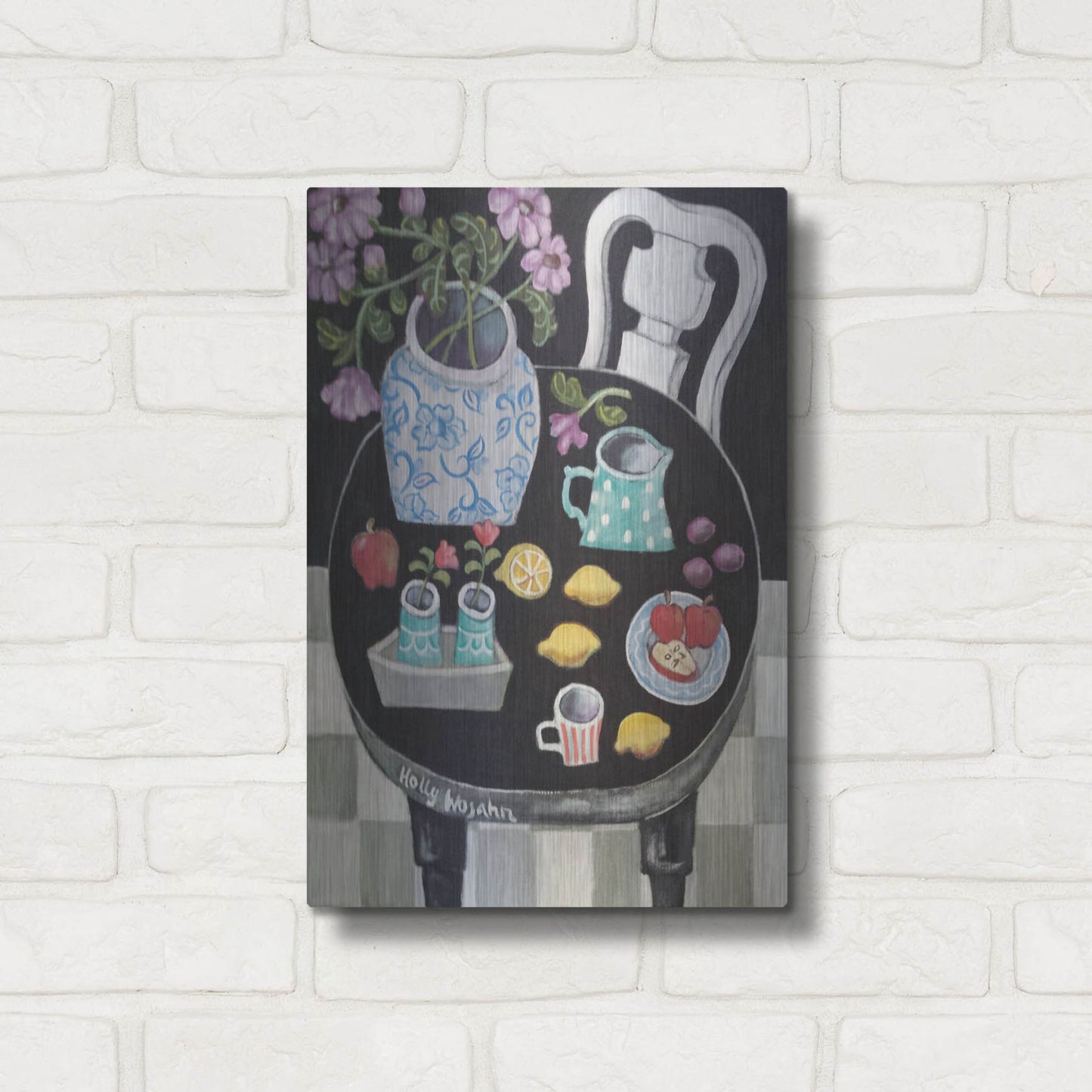 Luxe Metal Art 'Fruit and Flowers on Black Table' by Holly Wojhan, Metal Wall Art,12x16