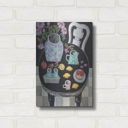 Luxe Metal Art 'Fruit and Flowers on Black Table' by Holly Wojhan, Metal Wall Art,12x16