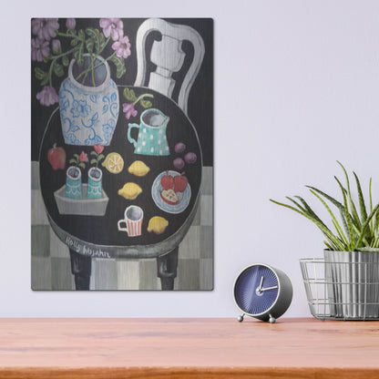 Luxe Metal Art 'Fruit and Flowers on Black Table' by Holly Wojhan, Metal Wall Art,12x16