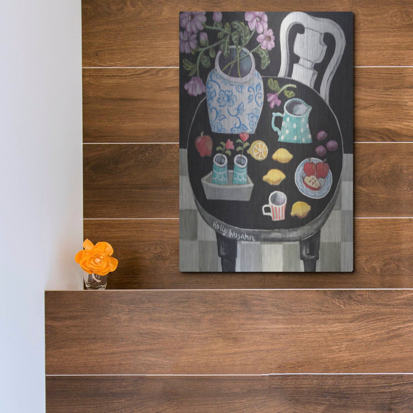 Luxe Metal Art 'Fruit and Flowers on Black Table' by Holly Wojhan, Metal Wall Art,12x16