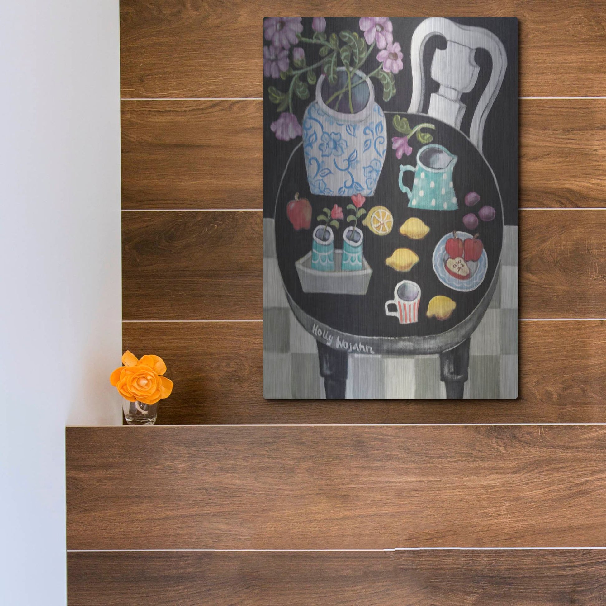 Luxe Metal Art 'Fruit and Flowers on Black Table' by Holly Wojhan, Metal Wall Art,12x16