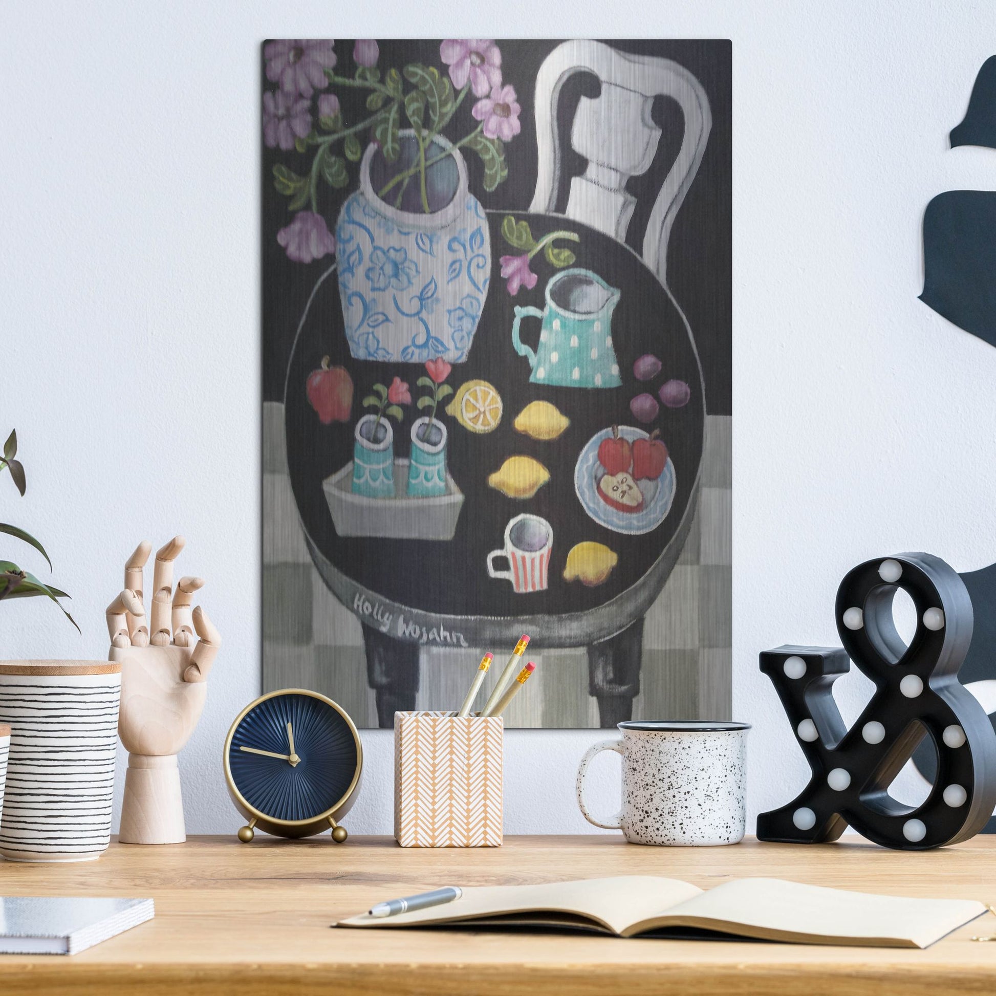 Luxe Metal Art 'Fruit and Flowers on Black Table' by Holly Wojhan, Metal Wall Art,12x16