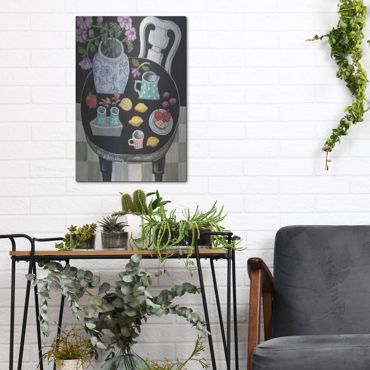 Luxe Metal Art 'Fruit and Flowers on Black Table' by Holly Wojhan, Metal Wall Art,12x16