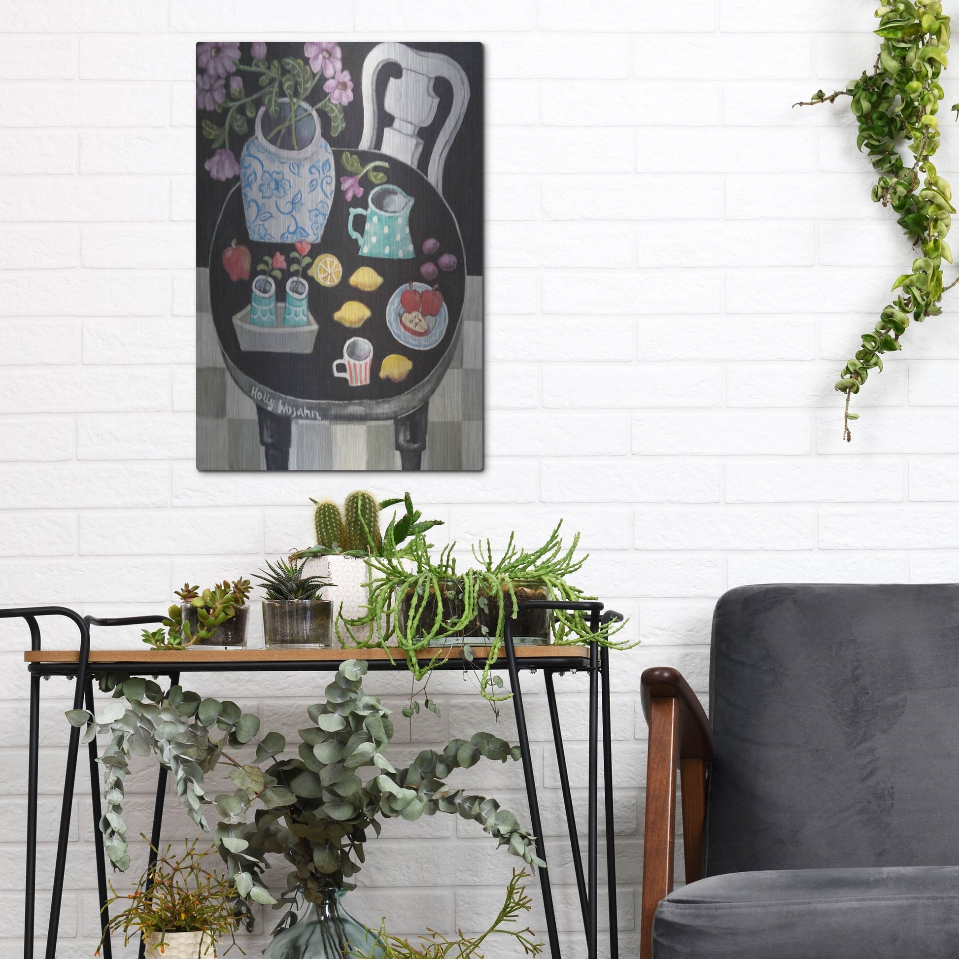 Luxe Metal Art 'Fruit and Flowers on Black Table' by Holly Wojhan, Metal Wall Art,12x16