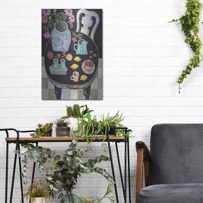 Luxe Metal Art 'Fruit and Flowers on Black Table' by Holly Wojhan, Metal Wall Art,12x16