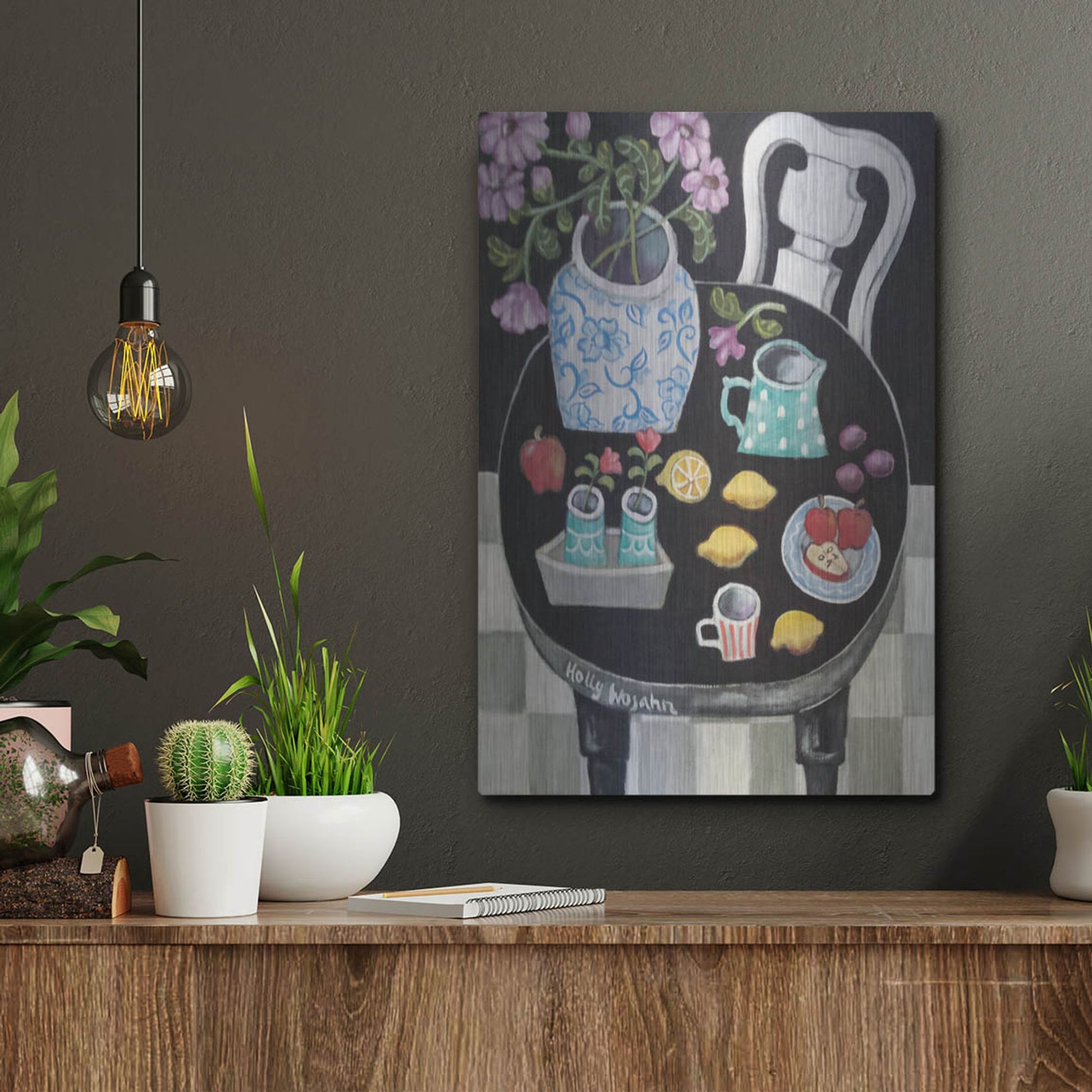 Luxe Metal Art 'Fruit and Flowers on Black Table' by Holly Wojhan, Metal Wall Art,12x16