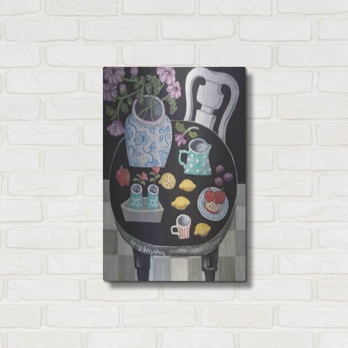 Luxe Metal Art 'Fruit and Flowers on Black Table' by Holly Wojhan, Metal Wall Art,16x24