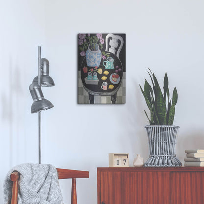 Luxe Metal Art 'Fruit and Flowers on Black Table' by Holly Wojhan, Metal Wall Art,16x24