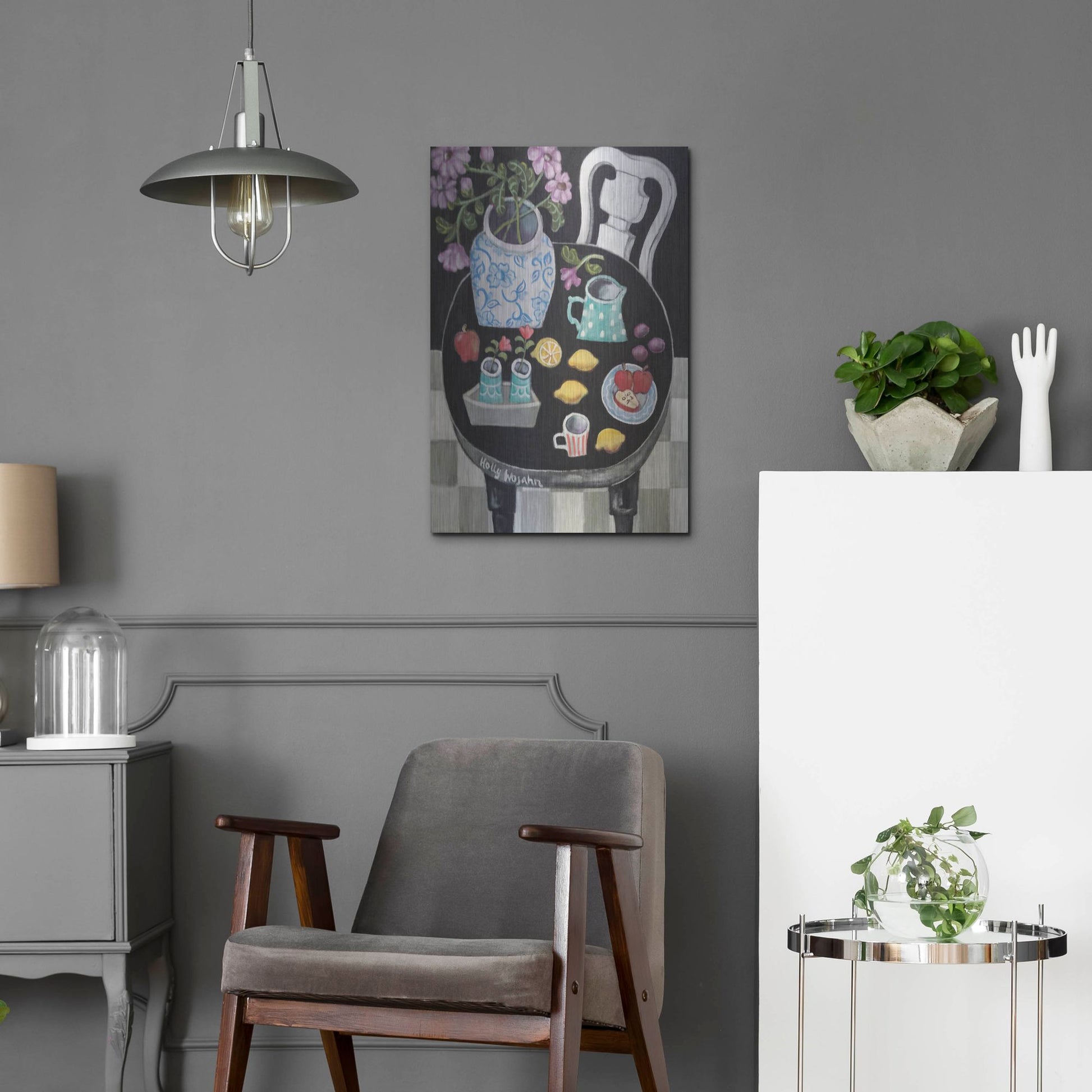 Luxe Metal Art 'Fruit and Flowers on Black Table' by Holly Wojhan, Metal Wall Art,16x24