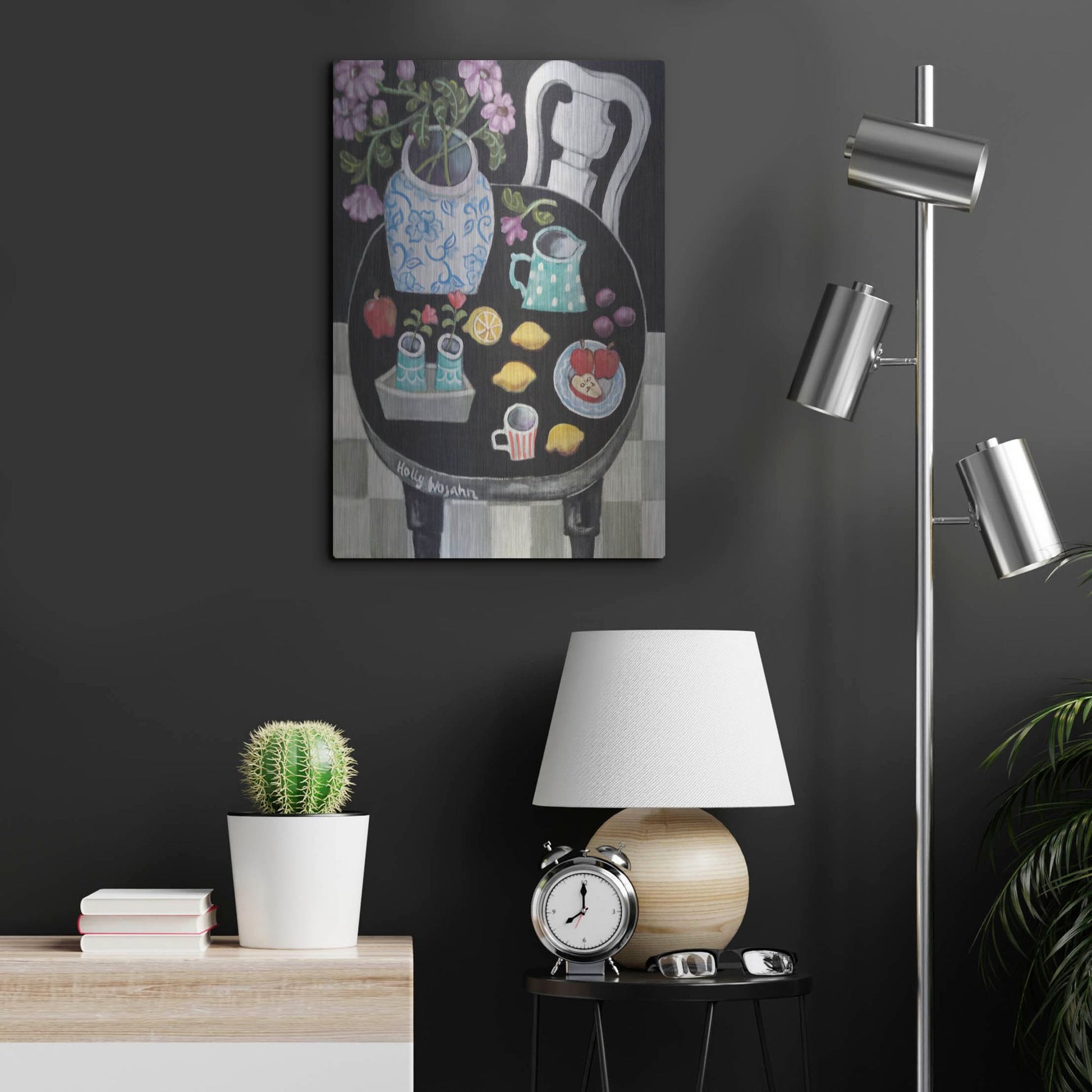 Luxe Metal Art 'Fruit and Flowers on Black Table' by Holly Wojhan, Metal Wall Art,16x24