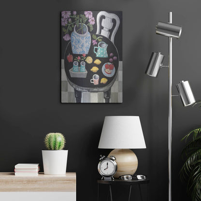 Luxe Metal Art 'Fruit and Flowers on Black Table' by Holly Wojhan, Metal Wall Art,16x24