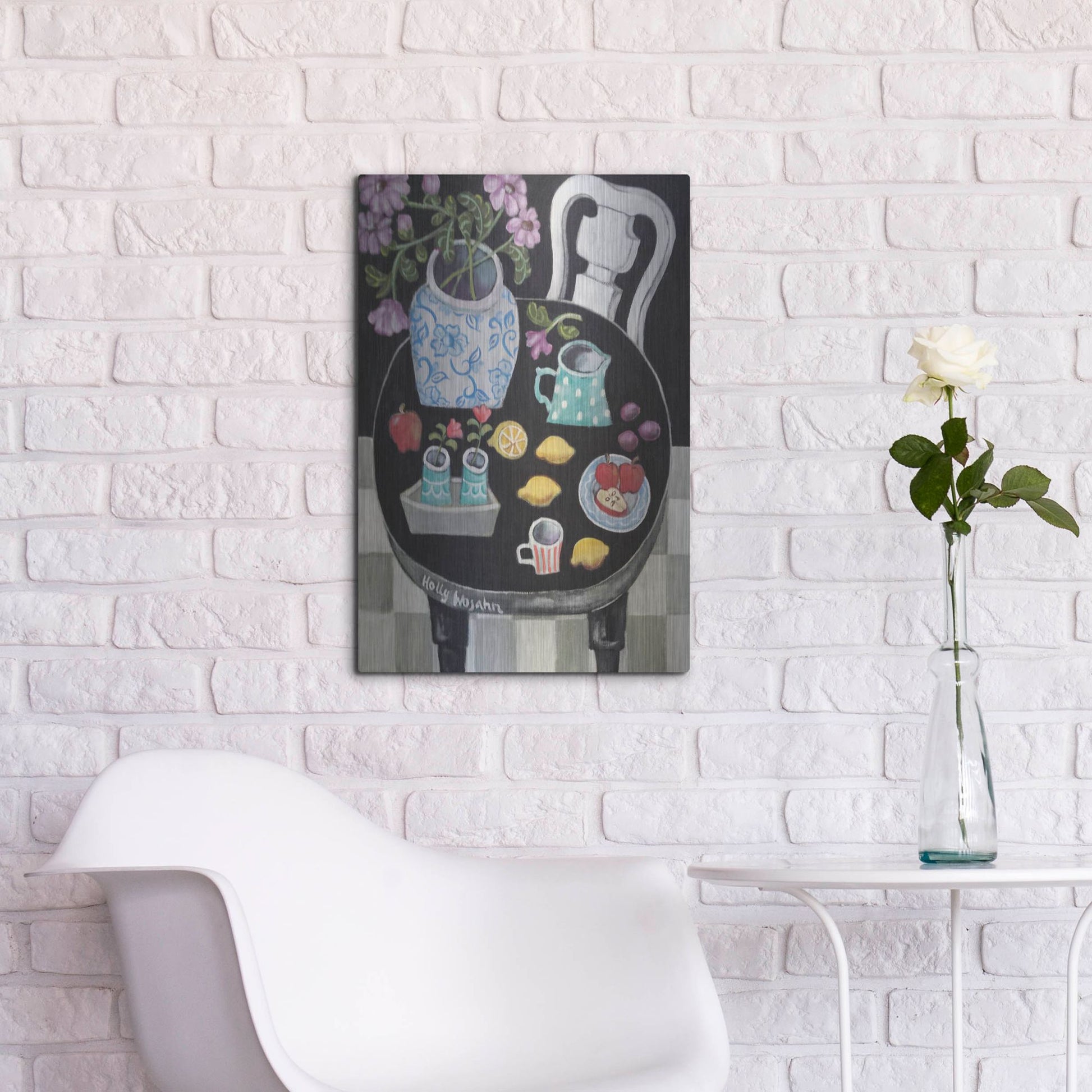 Luxe Metal Art 'Fruit and Flowers on Black Table' by Holly Wojhan, Metal Wall Art,16x24