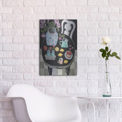 Luxe Metal Art 'Fruit and Flowers on Black Table' by Holly Wojhan, Metal Wall Art,16x24