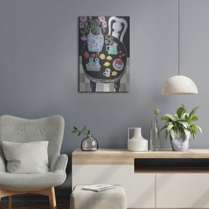 Luxe Metal Art 'Fruit and Flowers on Black Table' by Holly Wojhan, Metal Wall Art,16x24