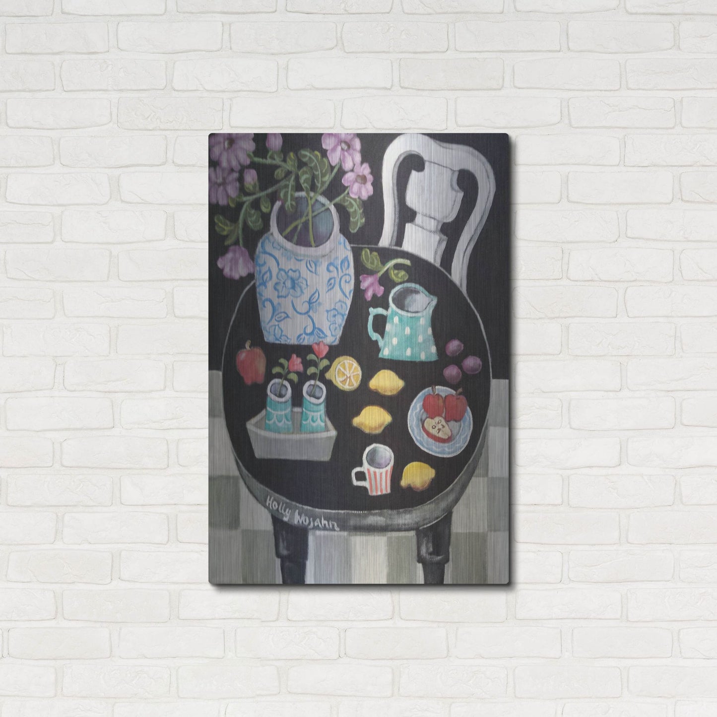 Luxe Metal Art 'Fruit and Flowers on Black Table' by Holly Wojhan, Metal Wall Art,24x36