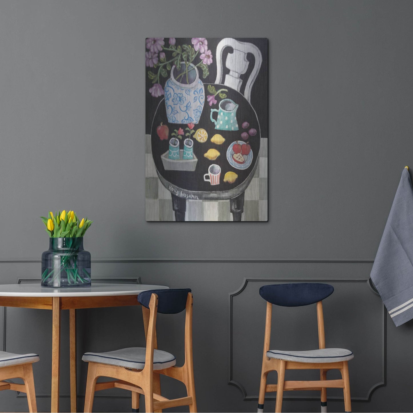 Luxe Metal Art 'Fruit and Flowers on Black Table' by Holly Wojhan, Metal Wall Art,24x36
