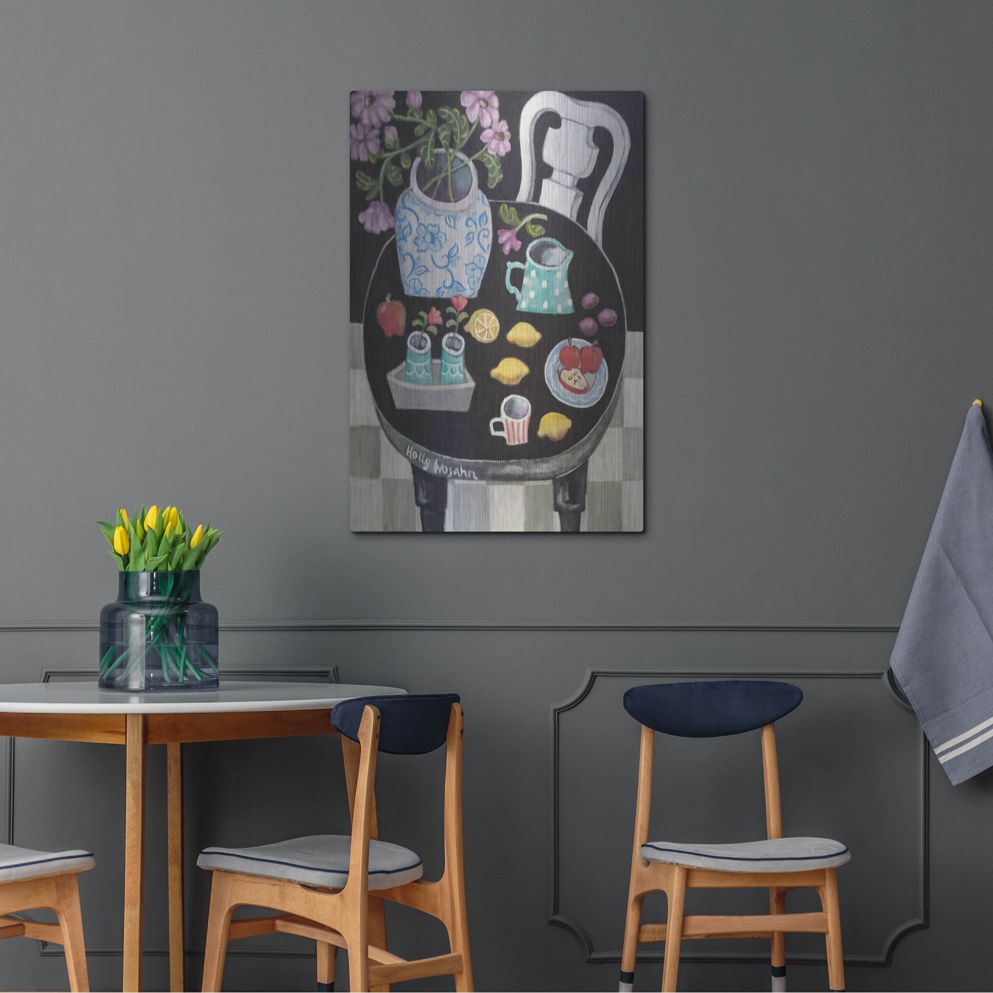 Luxe Metal Art 'Fruit and Flowers on Black Table' by Holly Wojhan, Metal Wall Art,24x36