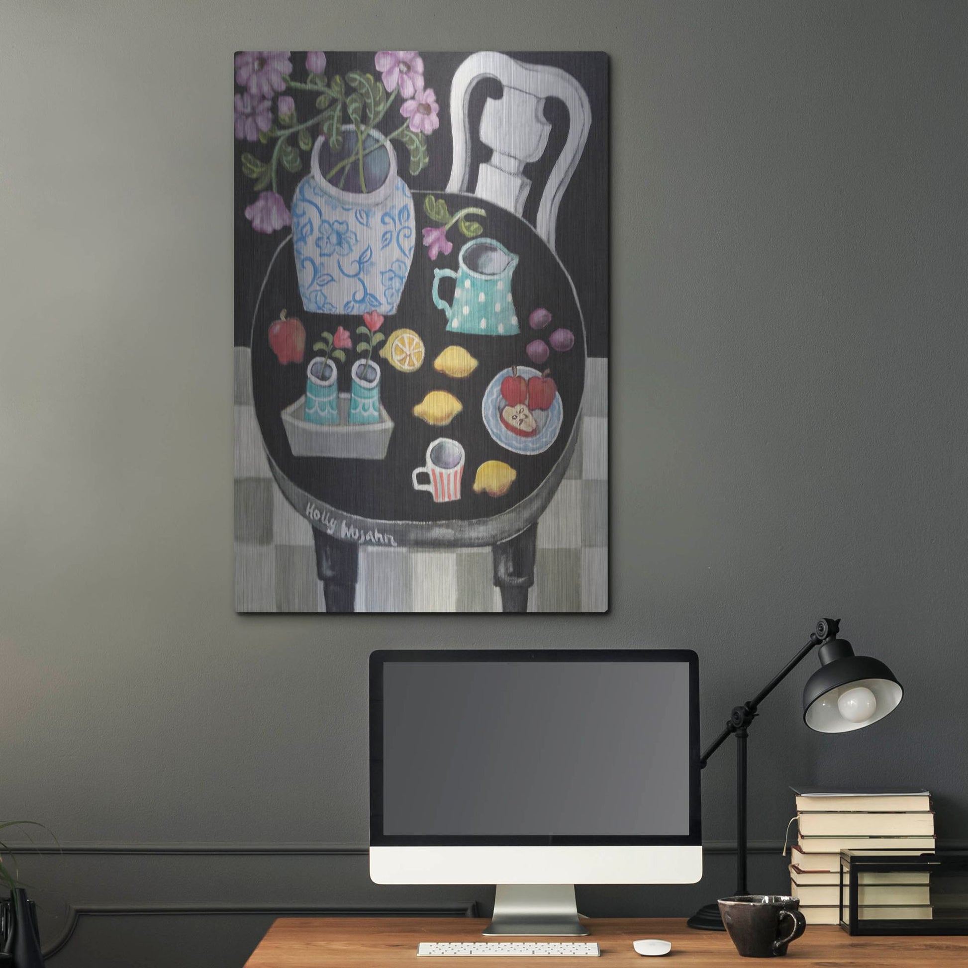Luxe Metal Art 'Fruit and Flowers on Black Table' by Holly Wojhan, Metal Wall Art,24x36