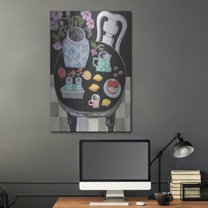 Luxe Metal Art 'Fruit and Flowers on Black Table' by Holly Wojhan, Metal Wall Art,24x36