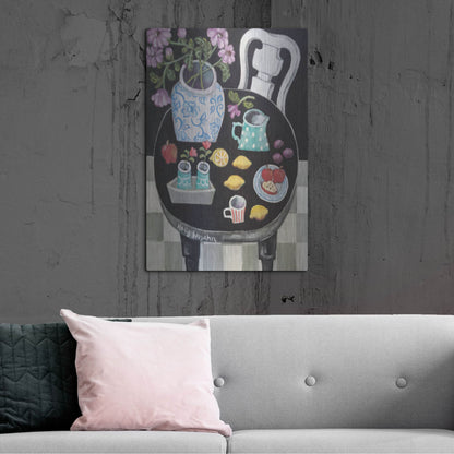 Luxe Metal Art 'Fruit and Flowers on Black Table' by Holly Wojhan, Metal Wall Art,24x36