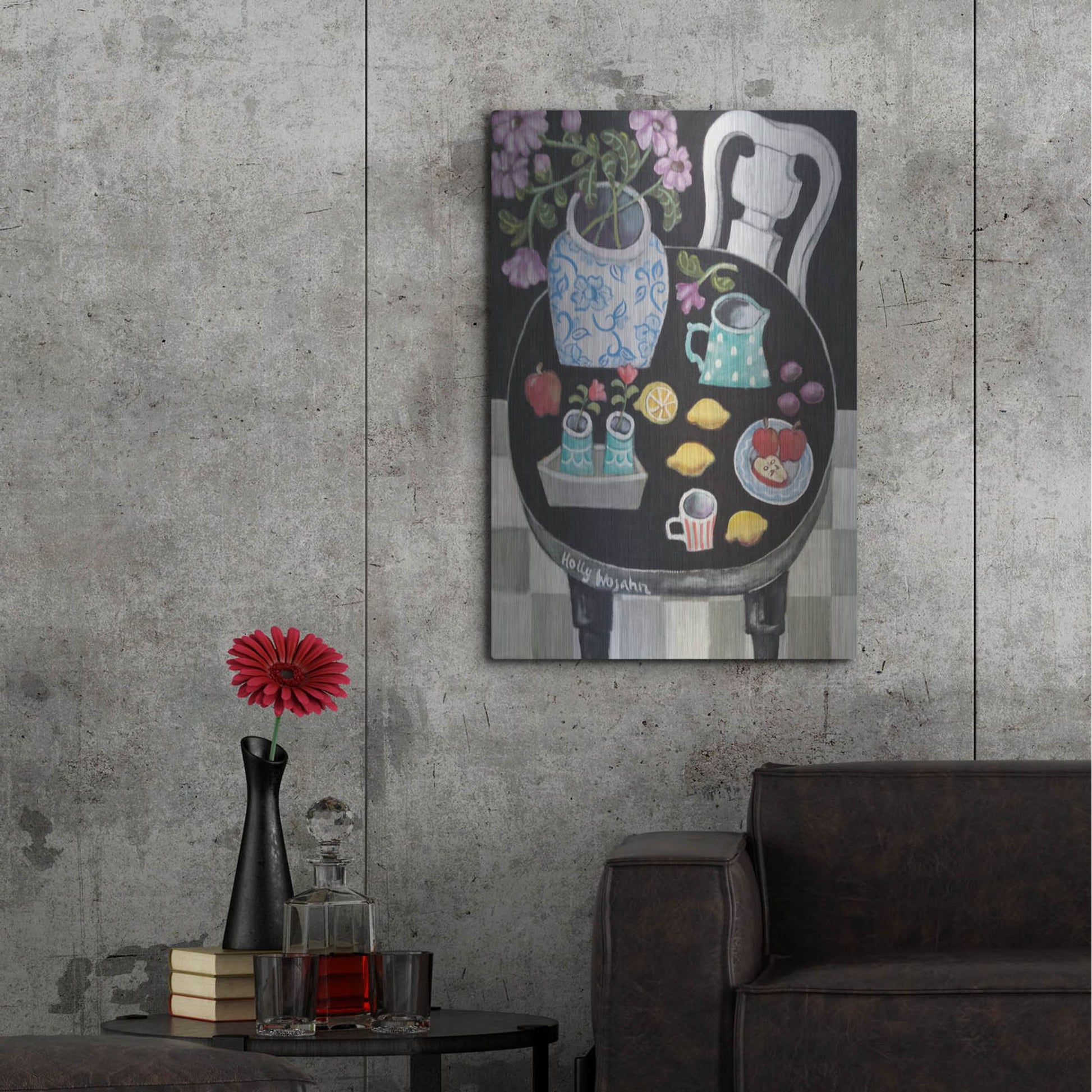 Luxe Metal Art 'Fruit and Flowers on Black Table' by Holly Wojhan, Metal Wall Art,24x36