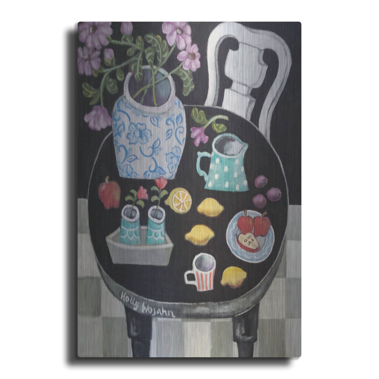 Luxe Metal Art 'Fruit and Flowers on Black Table' by Holly Wojhan, Metal Wall Art