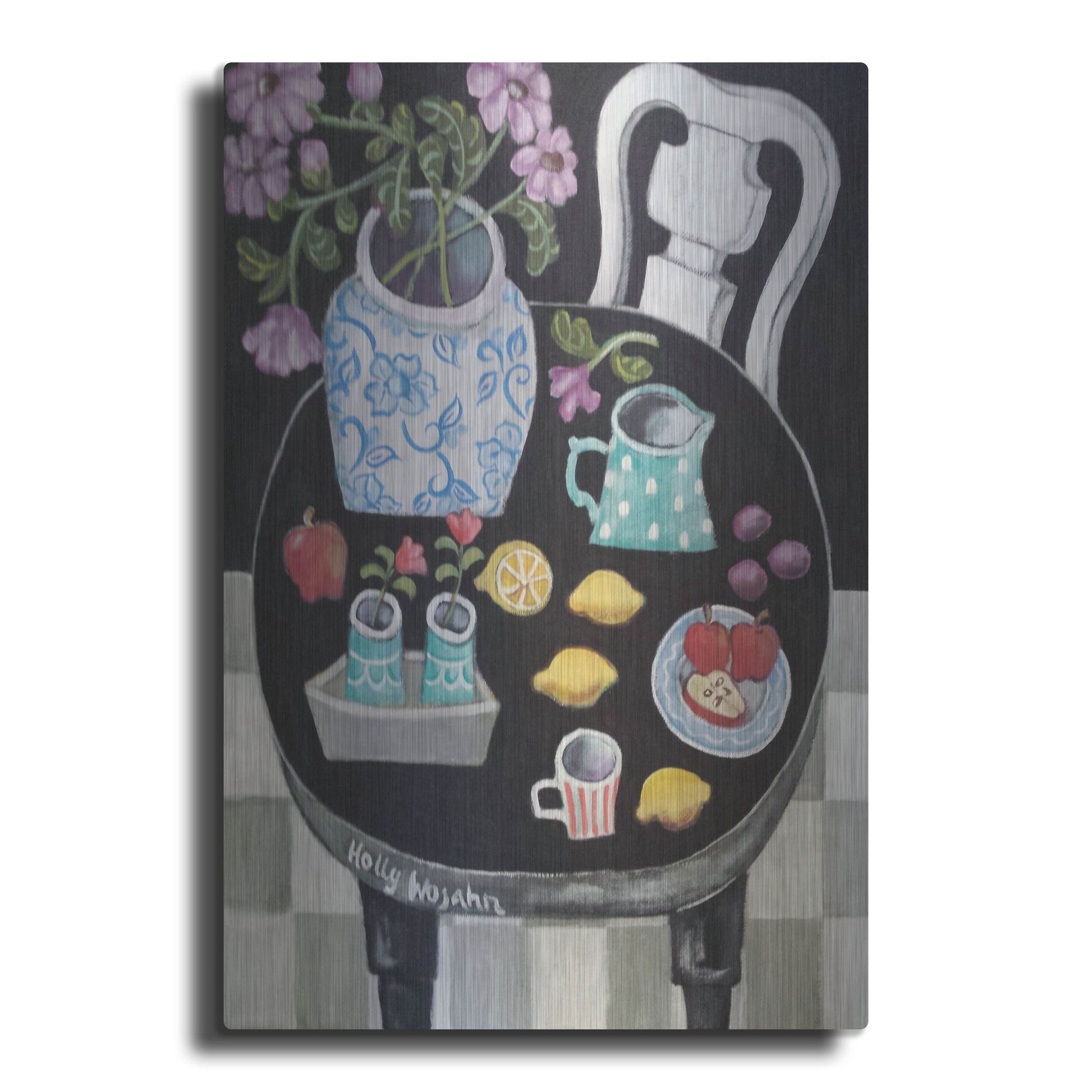 Luxe Metal Art 'Fruit and Flowers on Black Table' by Holly Wojhan, Metal Wall Art