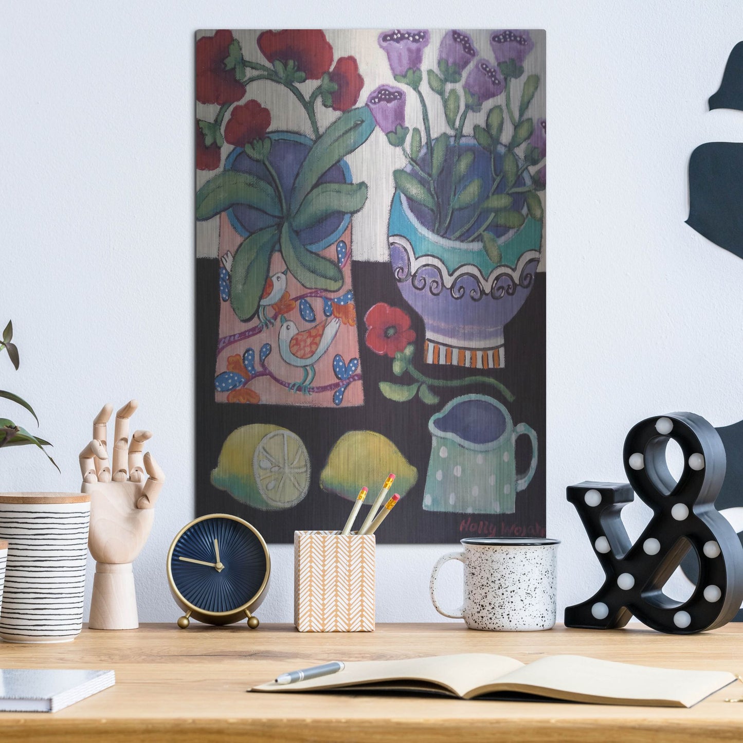 Luxe Metal Art 'Happy Still Life with Lemon' by Holly Wojhan, Metal Wall Art,12x16