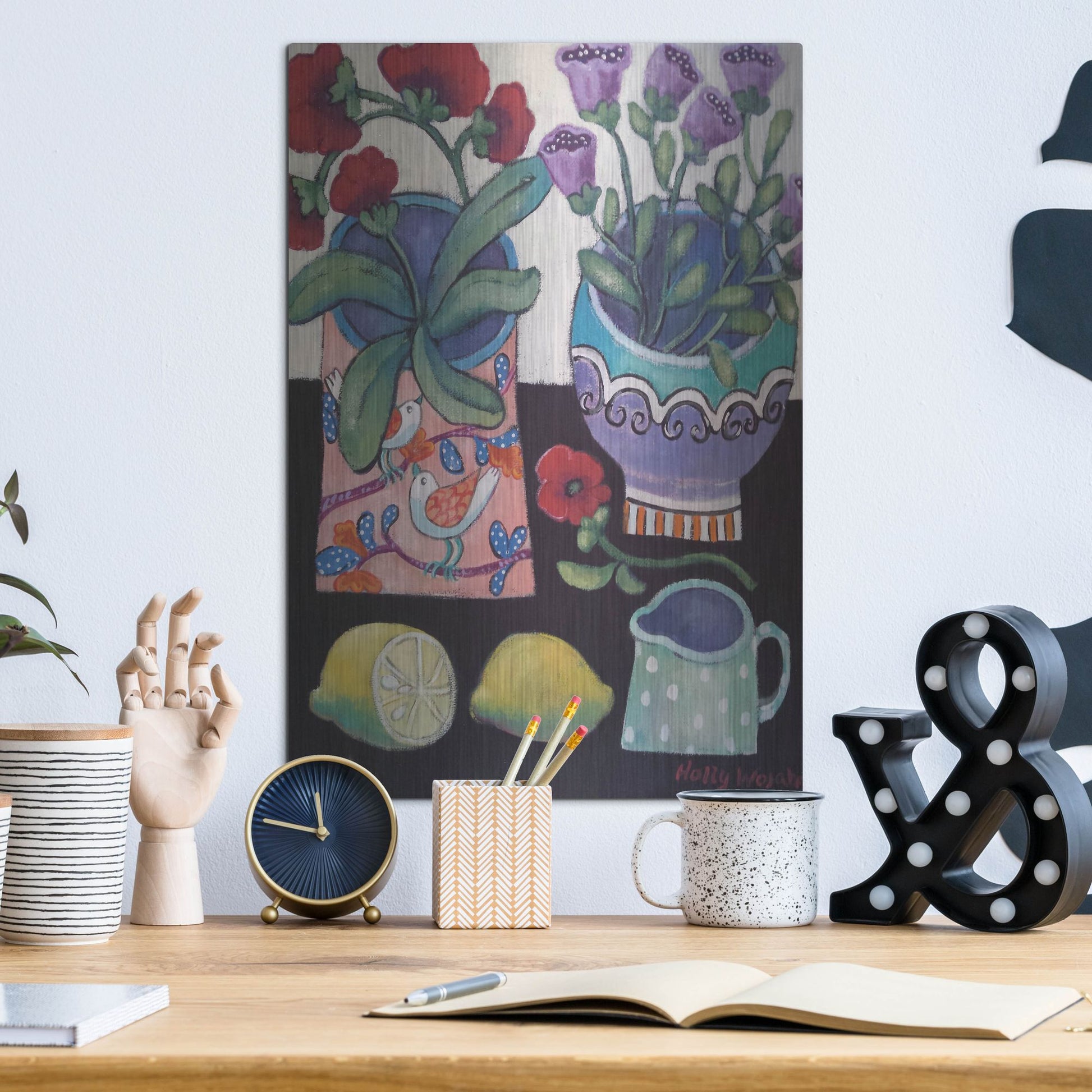 Luxe Metal Art 'Happy Still Life with Lemon' by Holly Wojhan, Metal Wall Art,12x16