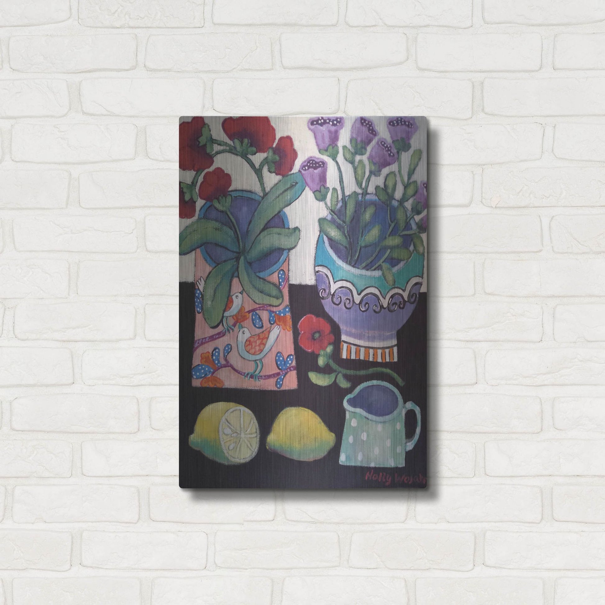 Luxe Metal Art 'Happy Still Life with Lemon' by Holly Wojhan, Metal Wall Art,16x24
