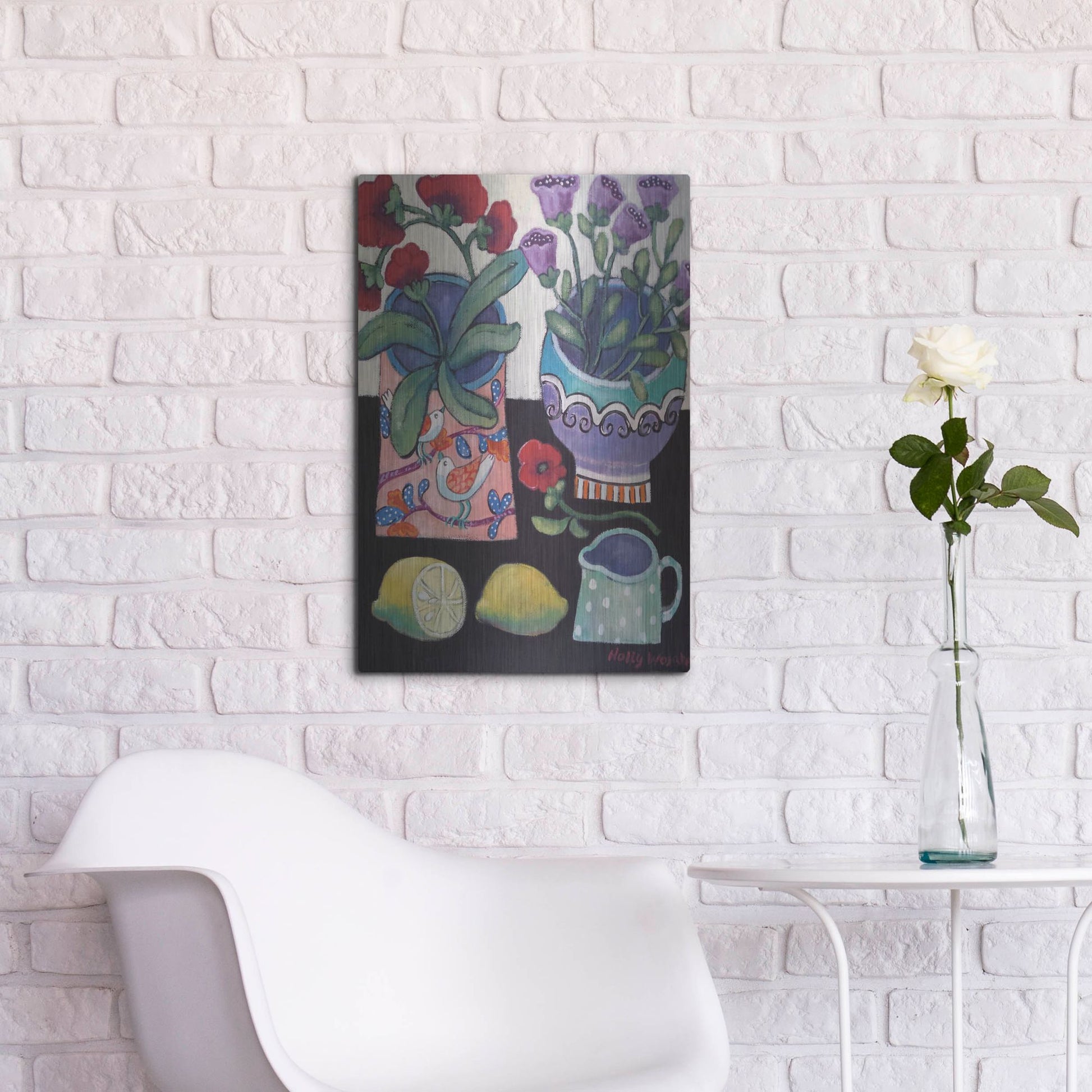 Luxe Metal Art 'Happy Still Life with Lemon' by Holly Wojhan, Metal Wall Art,16x24