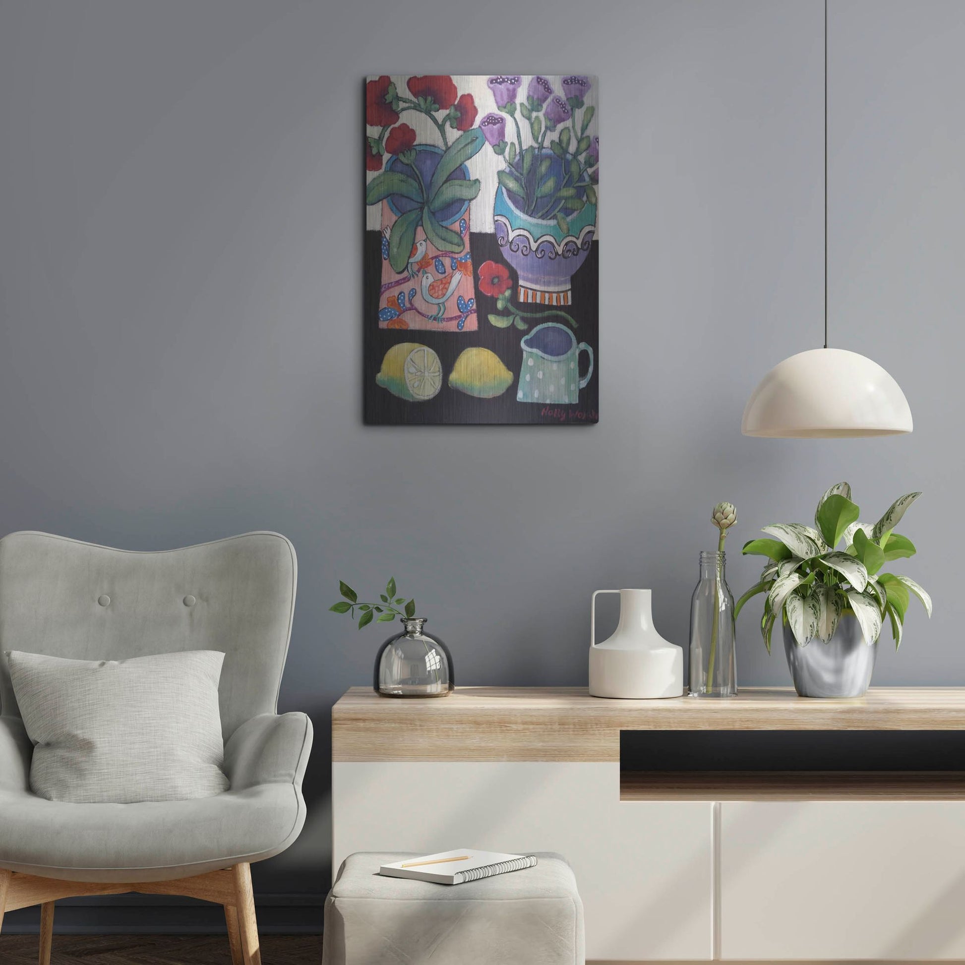 Luxe Metal Art 'Happy Still Life with Lemon' by Holly Wojhan, Metal Wall Art,16x24