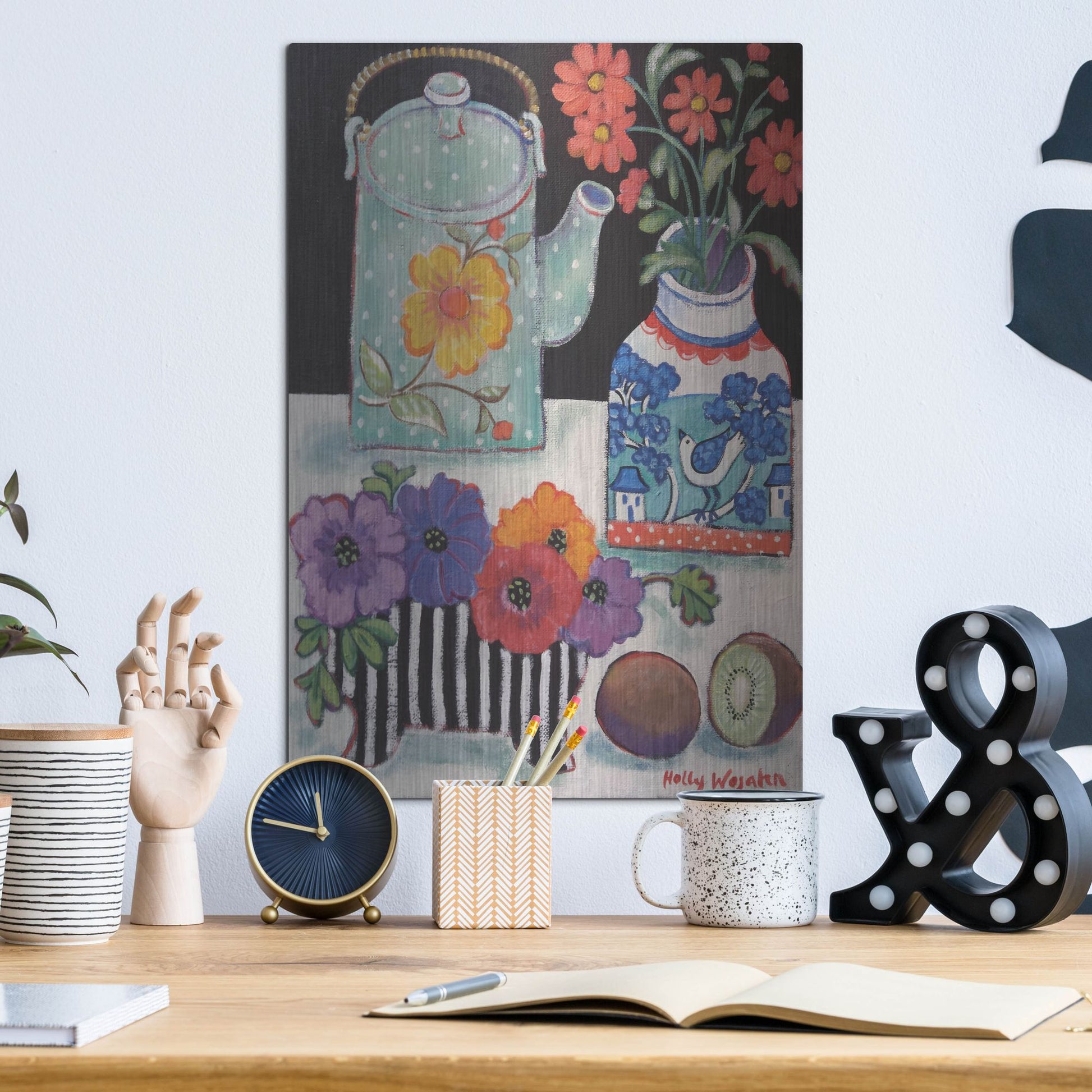 Luxe Metal Art 'Happy as till Life with Kiwi' by Holly Wojhan, Metal Wall Art,12x16