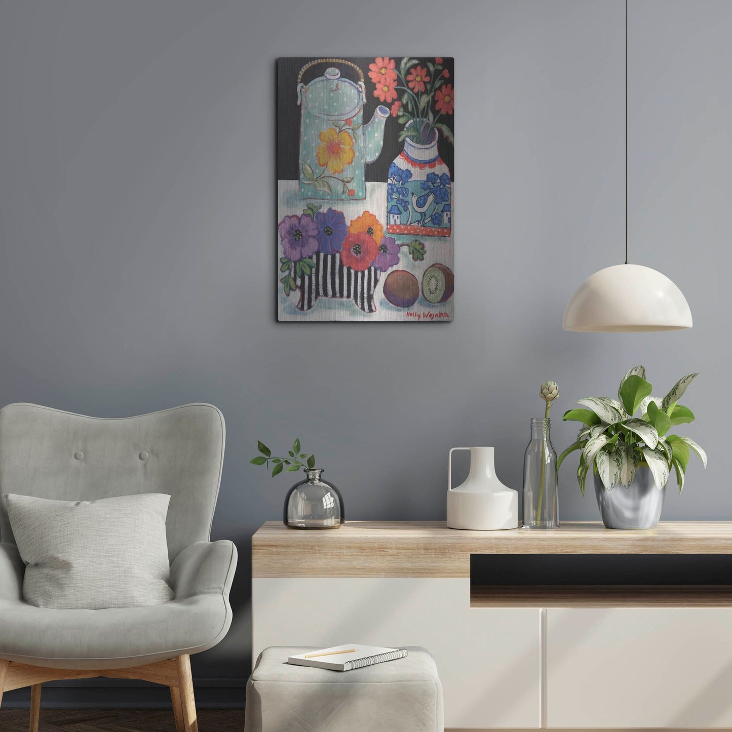Luxe Metal Art 'Happy as till Life with Kiwi' by Holly Wojhan, Metal Wall Art,16x24