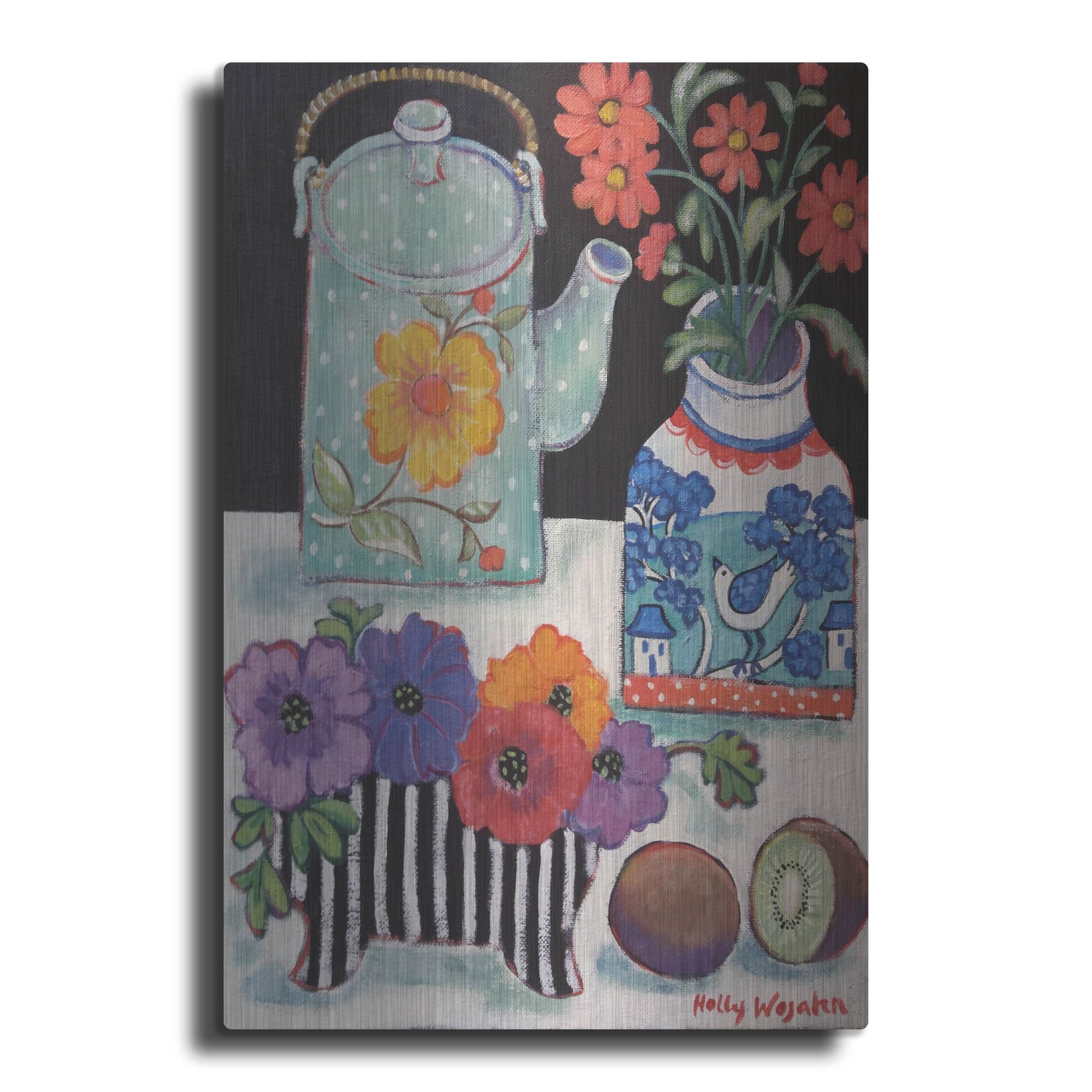 Luxe Metal Art 'Happy as till Life with Kiwi' by Holly Wojhan, Metal Wall Art