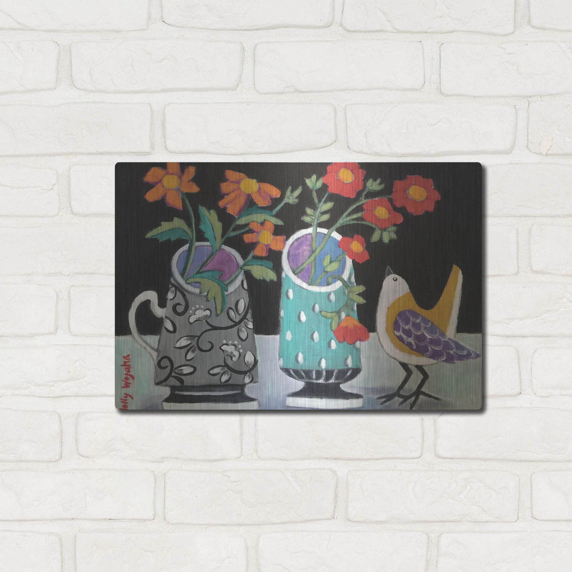 Luxe Metal Art 'Two Cheery Vases and a Chirp' by Holly Wojhan, Metal Wall Art,16x12