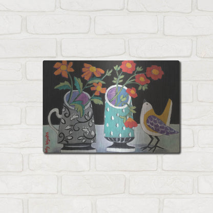 Luxe Metal Art 'Two Cheery Vases and a Chirp' by Holly Wojhan, Metal Wall Art,16x12