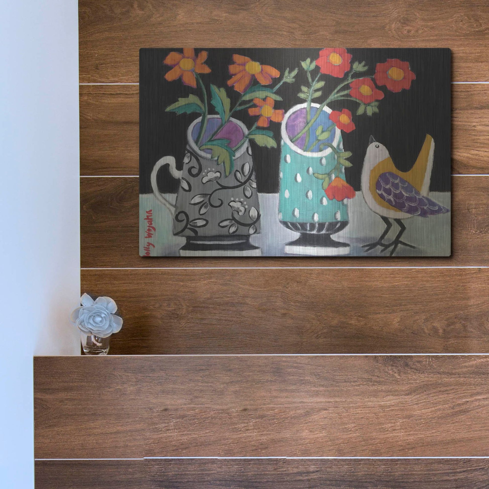 Luxe Metal Art 'Two Cheery Vases and a Chirp' by Holly Wojhan, Metal Wall Art,16x12