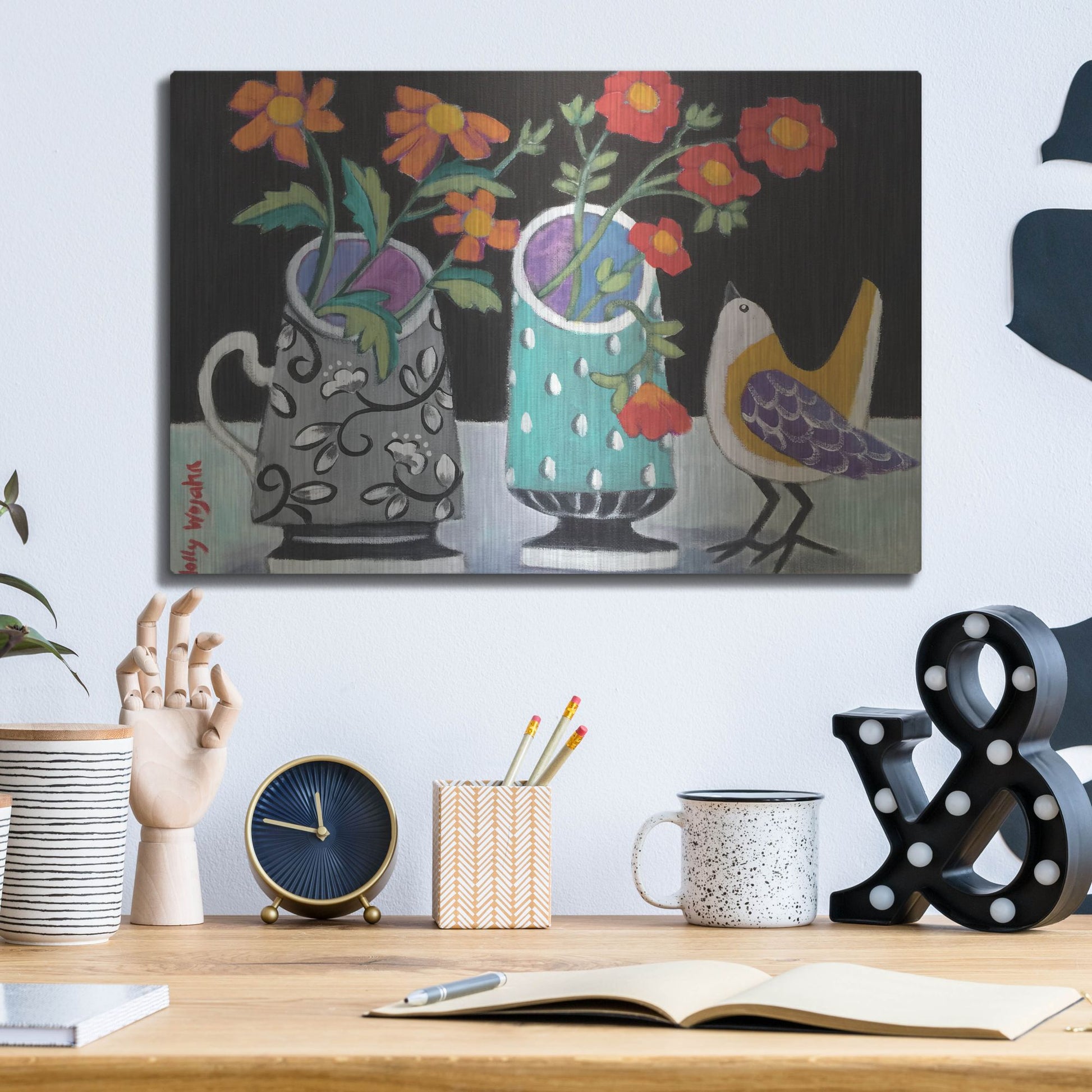 Luxe Metal Art 'Two Cheery Vases and a Chirp' by Holly Wojhan, Metal Wall Art,16x12