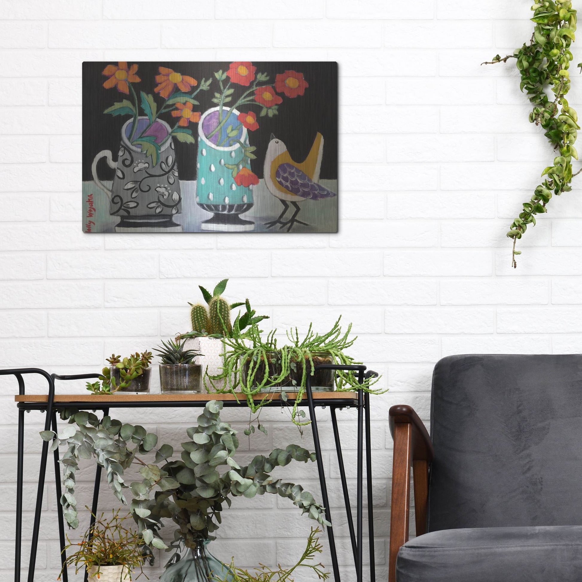 Luxe Metal Art 'Two Cheery Vases and a Chirp' by Holly Wojhan, Metal Wall Art,16x12