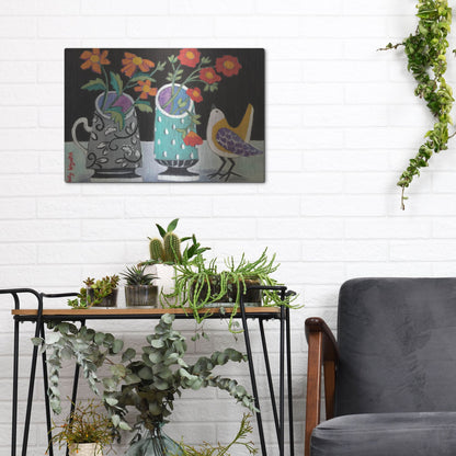 Luxe Metal Art 'Two Cheery Vases and a Chirp' by Holly Wojhan, Metal Wall Art,16x12