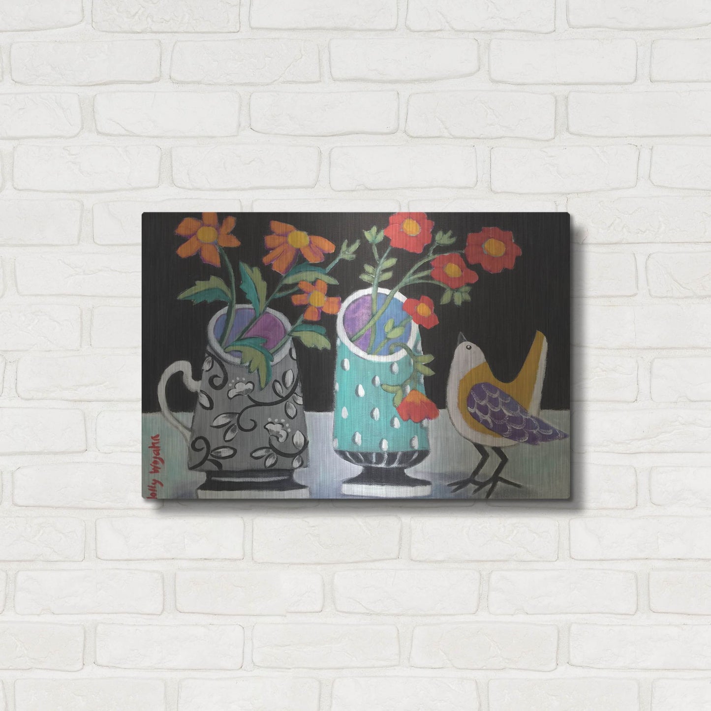 Luxe Metal Art 'Two Cheery Vases and a Chirp' by Holly Wojhan, Metal Wall Art,24x16