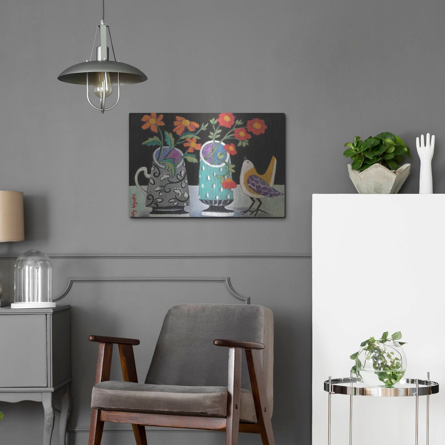 Luxe Metal Art 'Two Cheery Vases and a Chirp' by Holly Wojhan, Metal Wall Art,24x16