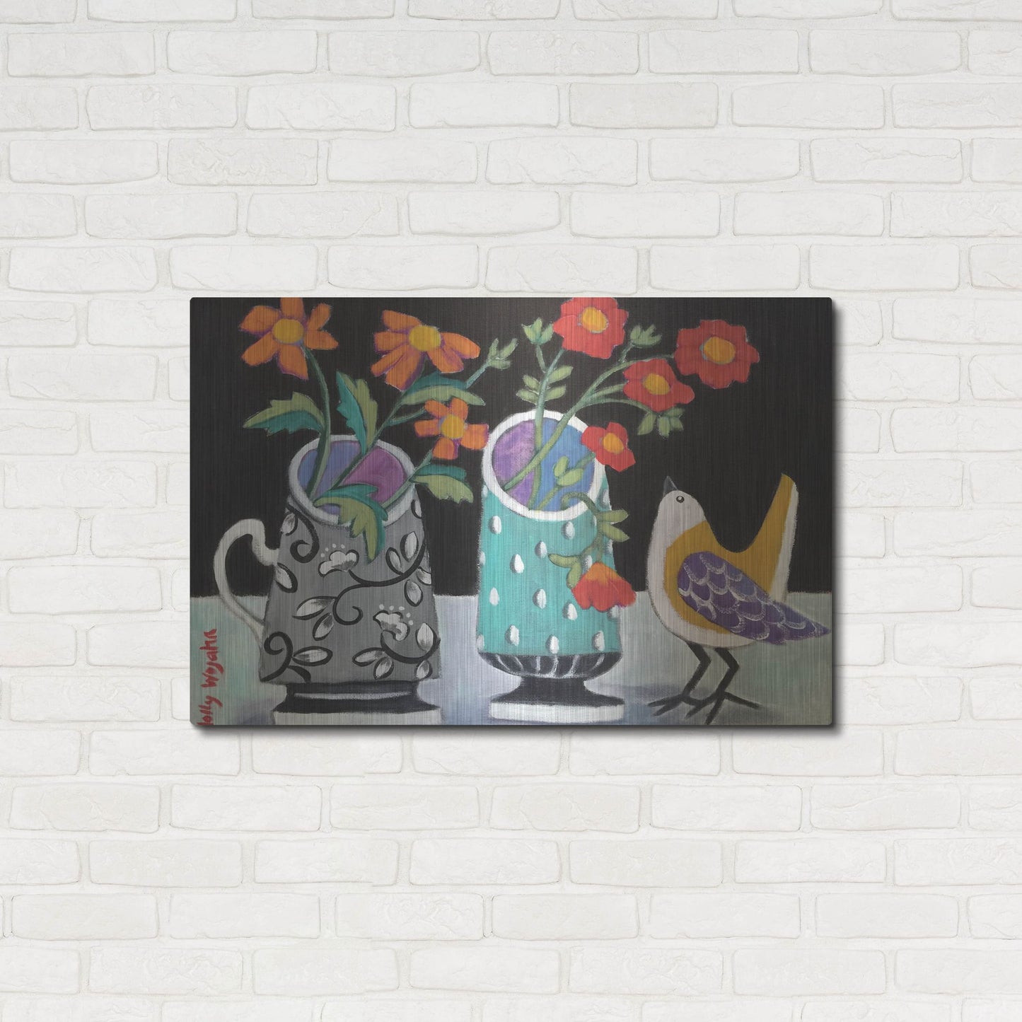 Luxe Metal Art 'Two Cheery Vases and a Chirp' by Holly Wojhan, Metal Wall Art,36x24