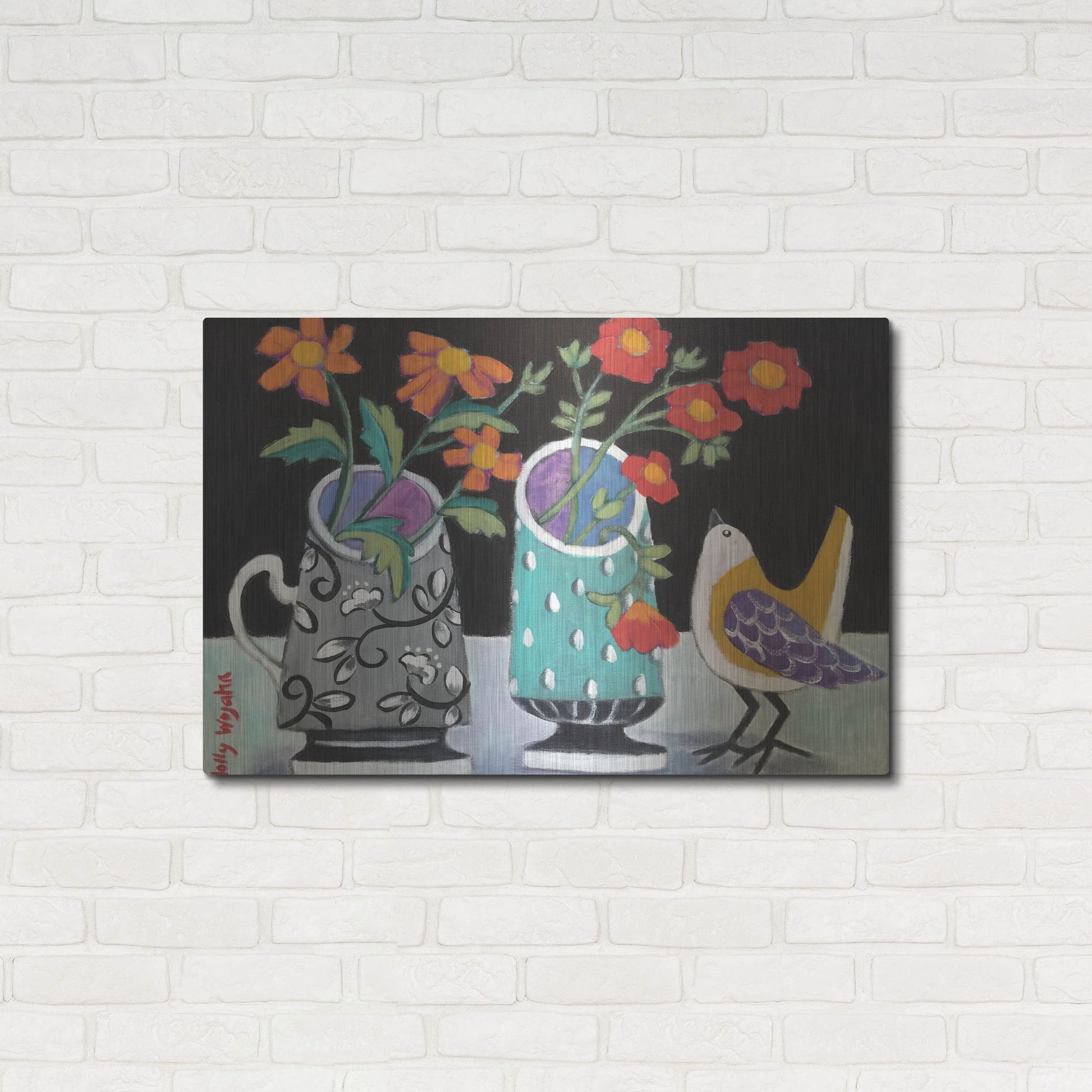 Luxe Metal Art 'Two Cheery Vases and a Chirp' by Holly Wojhan, Metal Wall Art,36x24