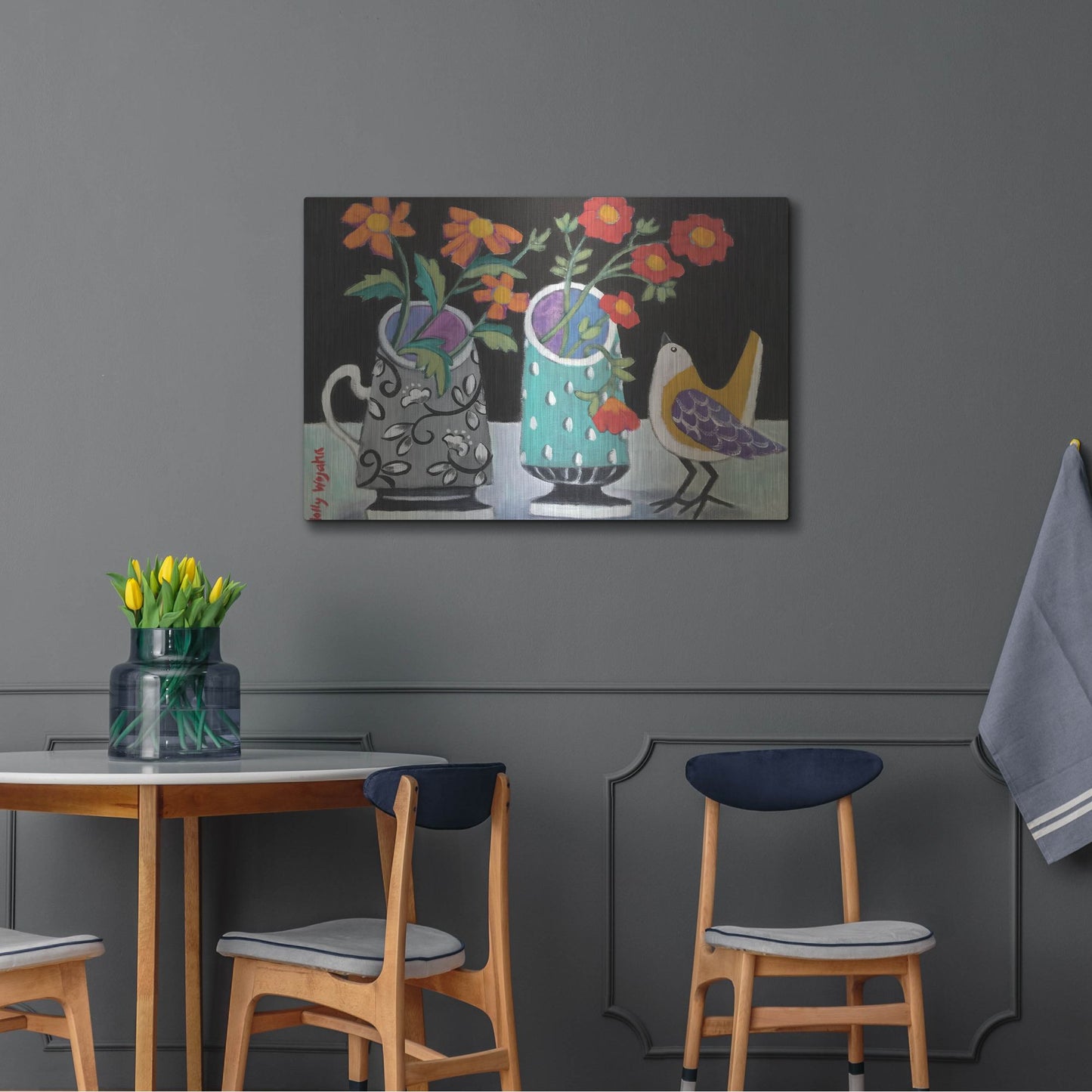 Luxe Metal Art 'Two Cheery Vases and a Chirp' by Holly Wojhan, Metal Wall Art,36x24