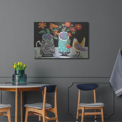 Luxe Metal Art 'Two Cheery Vases and a Chirp' by Holly Wojhan, Metal Wall Art,36x24