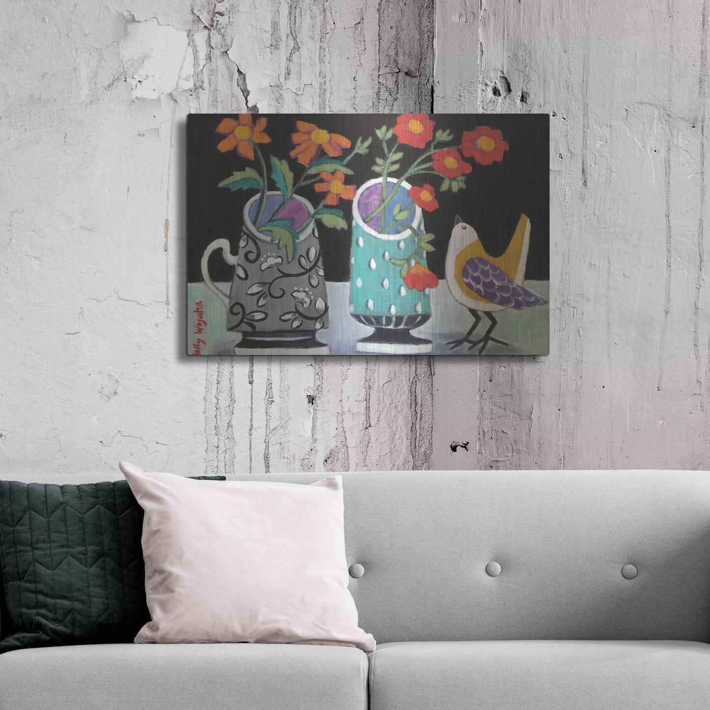 Luxe Metal Art 'Two Cheery Vases and a Chirp' by Holly Wojhan, Metal Wall Art,36x24