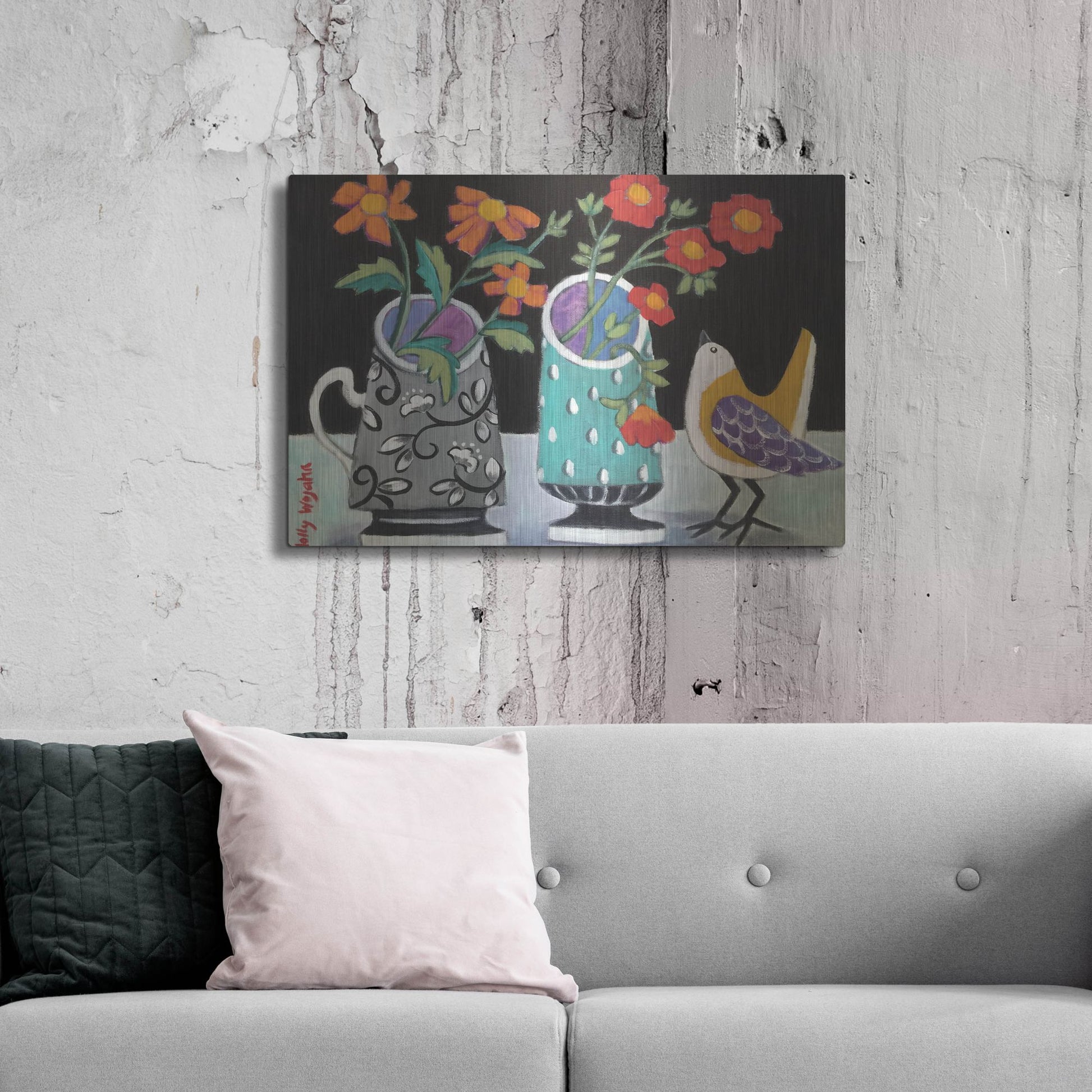 Luxe Metal Art 'Two Cheery Vases and a Chirp' by Holly Wojhan, Metal Wall Art,36x24